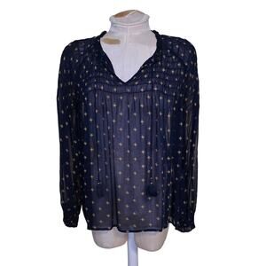 Lucky Brand Starry sheer peasant blouse navy blue long-sleeved‎ Size S